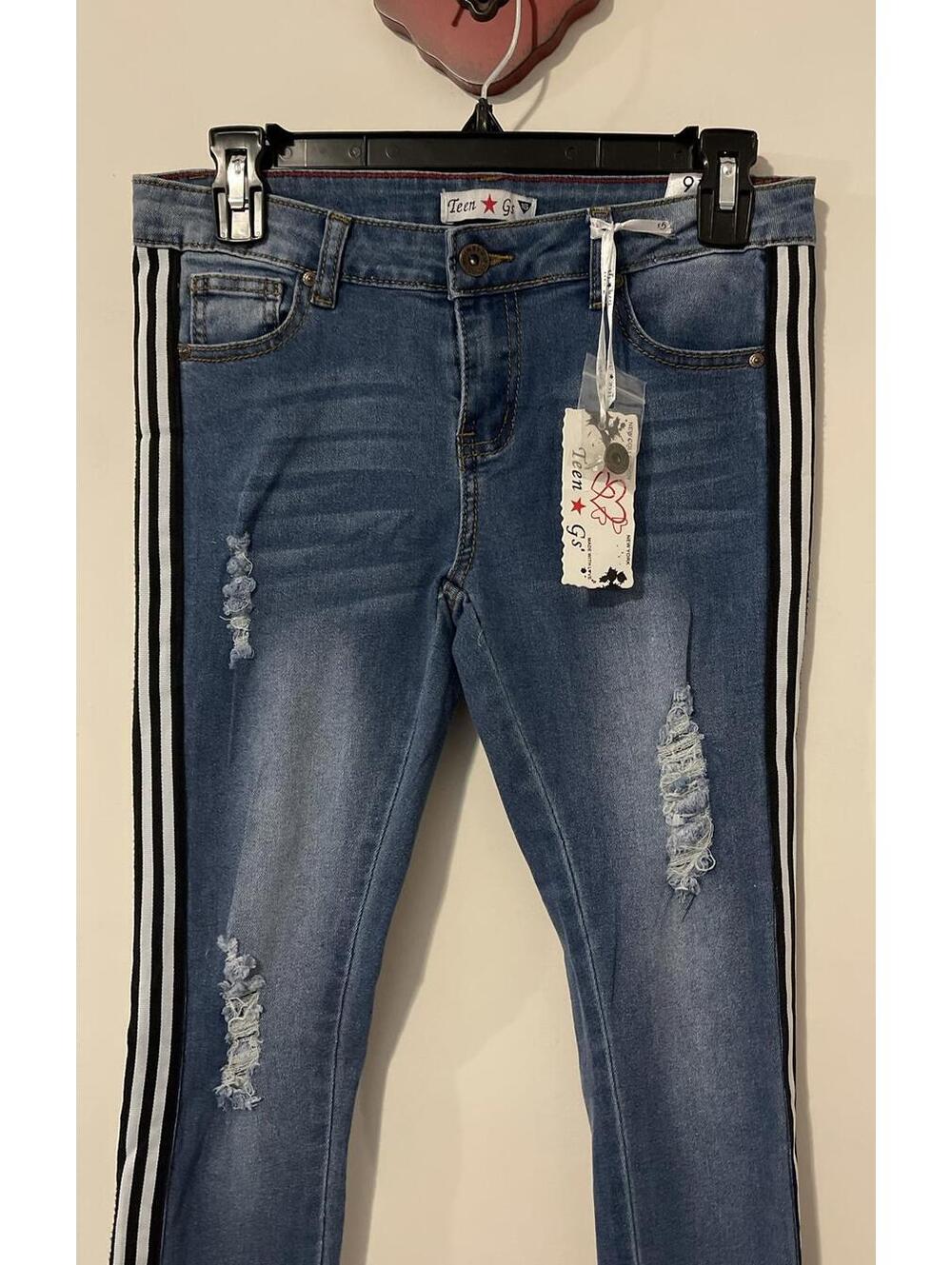 Teen Gs NY Sz 16 Girls Blue Striped Skinny Distressed Denim Jeggings NWT! M1232 - Picture 2 of 9